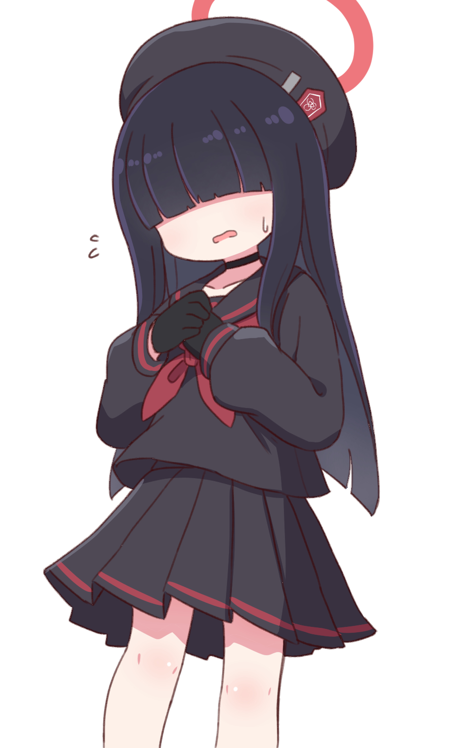 1girl beret black_choker black_gloves black_hair black_hat black_sailor_collar black_serafuku black_shirt black_skirt blue_archive choker extra faceless faceless_female facing_viewer feet_out_of_frame flying_sweatdrops gloves hair_over_eyes halo hat highres justice_task_force_member_(blue_archive) long_hair long_sleeves naga_u neckerchief parted_lips pleated_skirt puffy_long_sleeves puffy_sleeves red_neckerchief sailor_collar school_uniform serafuku shirt simple_background skirt solo standing sweat thigh_gap very_long_hair wavy_mouth white_background