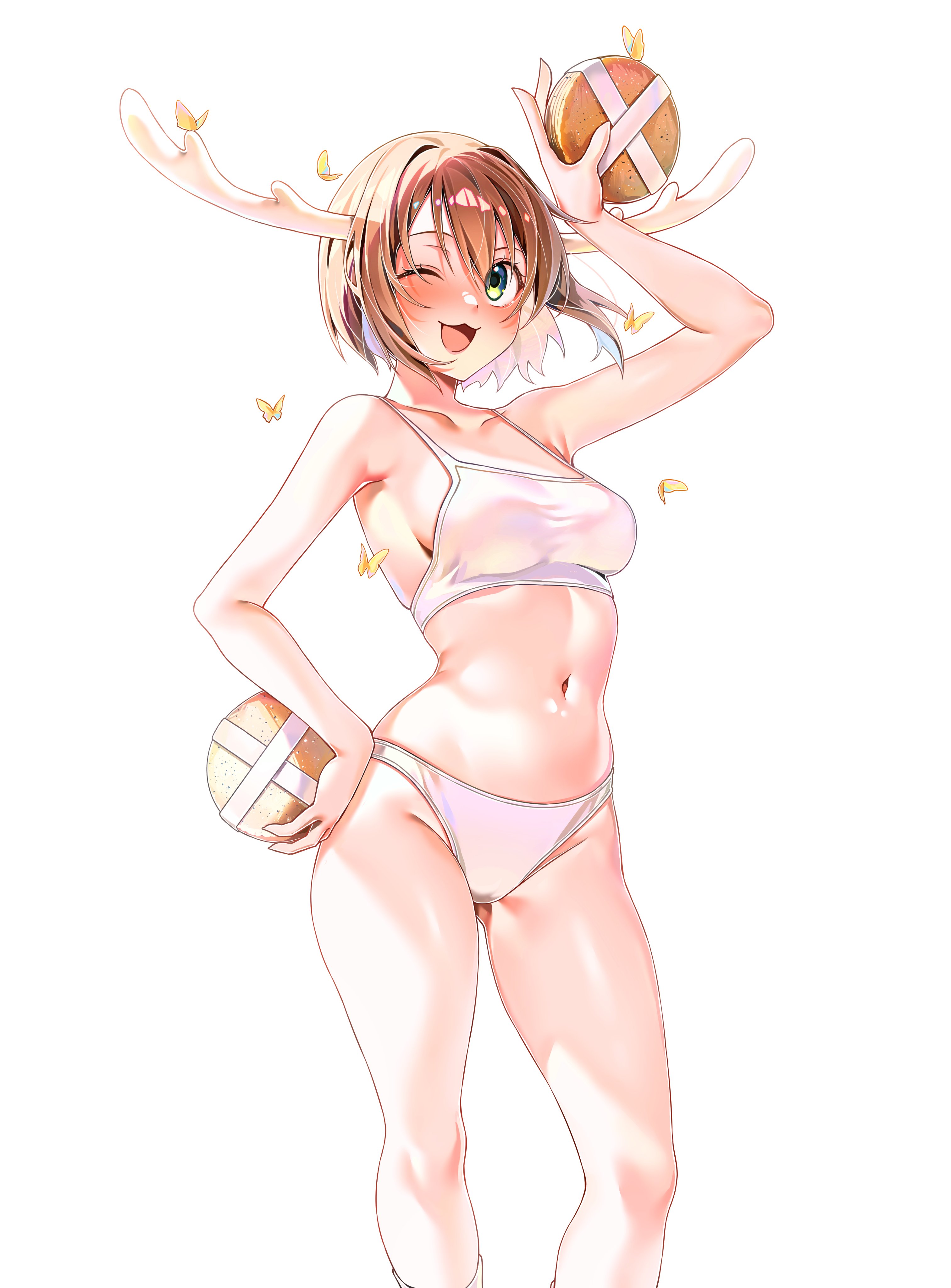 1girl absurdres antlers arm_up armpits bare_shoulders blush breasts brown_hair bug butterfly deer deer_antlers deer_cracker deer_girl highres holding horns insect large_breasts looking_at_viewer machulanko navel one_eye_closed panties purple_eyes shikanoko_noko shikanoko_nokonoko_koshitantan short_hair smile solo sports_bra underwear underwear_only white_panties