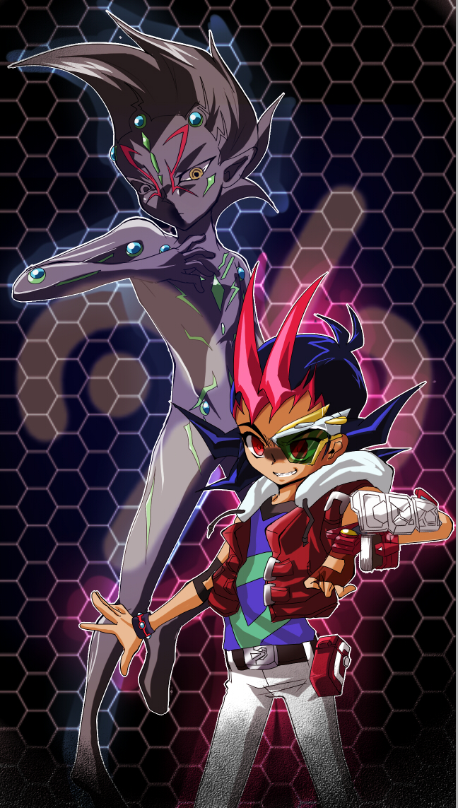 2boys arm_up behind_another belt belt_pouch black_background black_belt black_eyes black_hair blue_shirt body_markings border colored_bangs corruption drawstring duel_disk elbow_pads facial_mark facing_another facing_to_the_side floating gloves green-tinted_eyewear grin hair_slicked_back heterochromia hexagon hood hooded_vest hoodie looking_to_the_side male_focus maruko1110 multiple_boys number_96_dark_mist open_clothes open_hand open_vest ornate_border outstretched_arm pants partially_fingerless_gloves possessed pouch red_eyes red_gloves red_vest red_wrist_cuffs shirt single_elbow_pad sleeveless sleeveless_shirt smile spiked_hair tinted_eyewear tsukumo_yuma vest white-framed_eyewear white_hood white_pants wrist_cuffs yellow_eyes yu-gi-oh! yu-gi-oh!_zexal