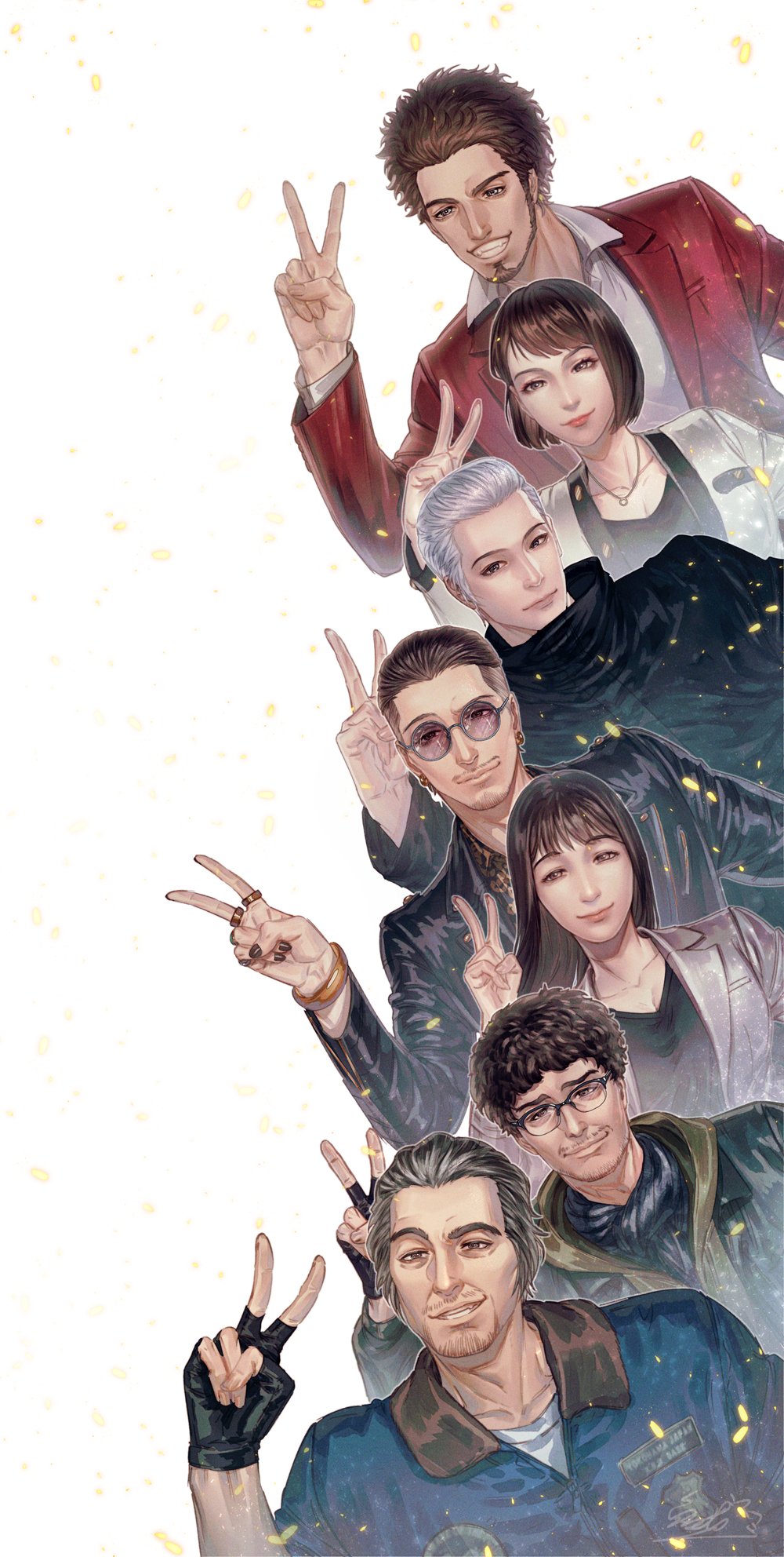 2girls 5boys adachi_koichi black_gloves black_hair black_shirt black_shorts blue_shirt everyone facial_hair fingerless_gloves floral_print gloves glowing glowing_weapon grey_jacket group_picture hair_slicked_back han_joon-gi highres jacket jiao_mao kamataki_eri kasuga_ichiban long_hair male_focus mukoda_saeko multiple_boys multiple_girls nanba_yu pants red_jacket ryuu_ga_gotoku_(series) ryuu_ga_gotoku_7 shirt shorts sleeves_rolled_up smile sunglasses v weapon white_background white_jacket zhao_tianyou