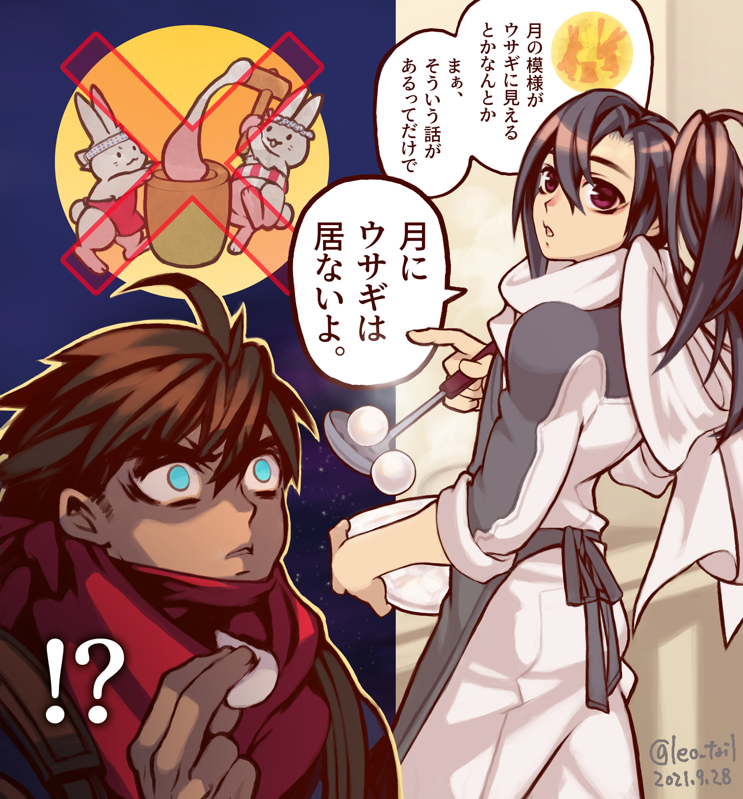 !? 2boys :o ahoge aqua_eyes brown_hair dated food grey_hair hair_between_eyes highres kine leo_tail long_hair male_focus mallet mochi mochi_trail mochitsuki mortar_(bowl) multiple_boys pink_eyes ponytail rabbit red_scarf scarf short_hair strider_(video_game) strider_hien strider_hiryuu translation_request twitter_username white_scarf