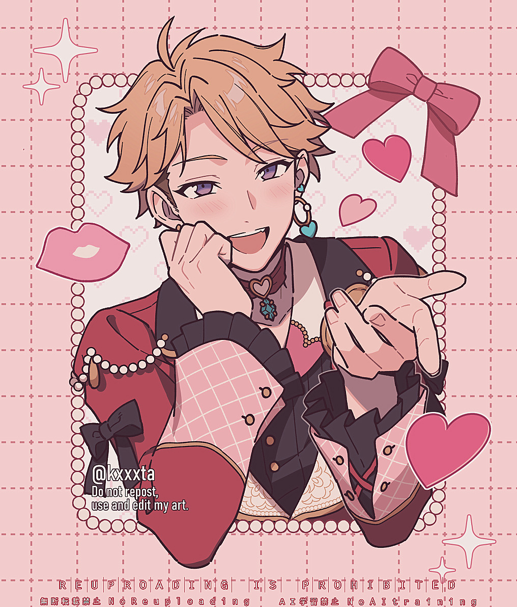 1boy beads commentary earrings ensemble_stars! girly_boy heart jewelry kiri_futoshi lips long_sleeves looking_at_viewer male_focus narukami_arashi open_mouth pink_background pink_ribbon purple_eyes ribbon solo symbol-only_commentary upper_body