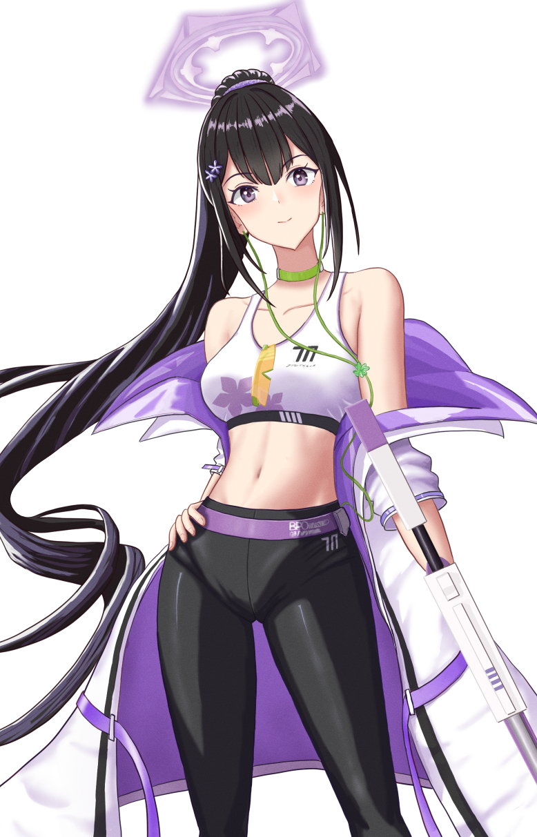 1girl bare_shoulders benelli_m4_super_90 black_hair black_pants blue_archive breasts choker closed_mouth coat collarbone commentary cowboy_shot crop_top earphones eyewear_hang flower green_choker gun hair_between_eyes hair_flower hair_ornament hair_scrunchie halo hand_on_own_hip highres holding holding_gun holding_weapon long_hair looking_at_viewer medium_breasts midriff navel off_shoulder open_clothes open_coat pants ponytail purple_eyes purple_scrunchie scrunchie shiodomesui shotgun sidelocks simple_background smile solo sports_bra sports_sunglasses standing sumire_(blue_archive) sunglasses tinted_eyewear unworn_eyewear very_long_hair weapon white_background white_coat white_sports_bra yellow-tinted_eyewear yoga_pants