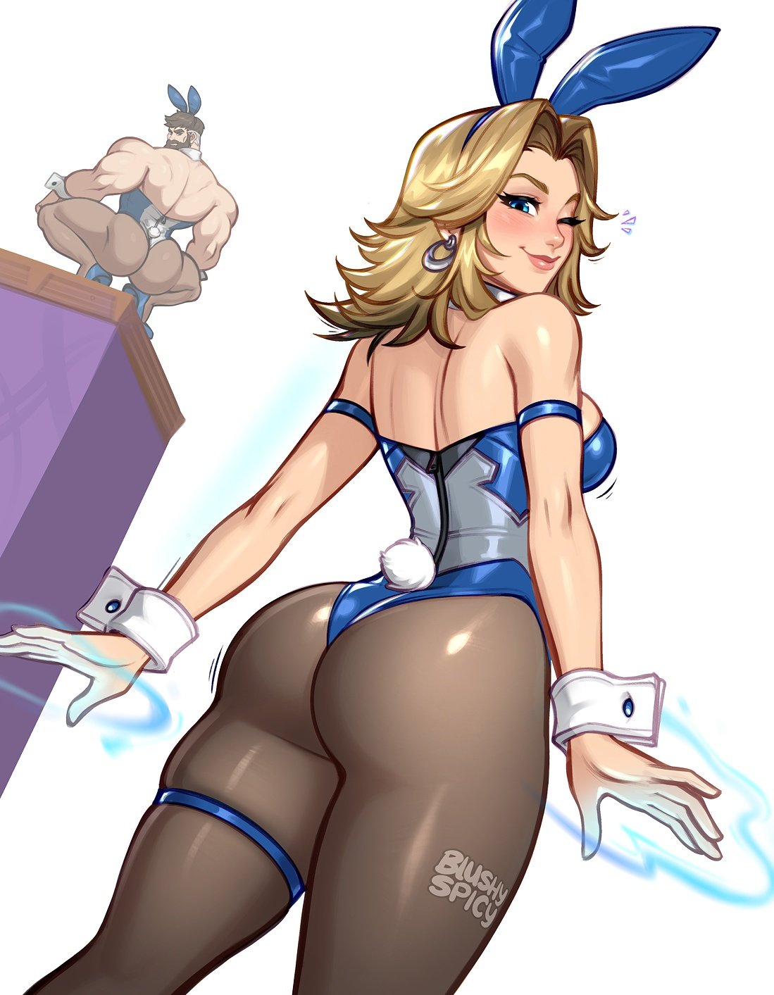 1boy 1girl animal_ears ass beard black_pantyhose blonde_hair blue_eyes blushyspicy breasts broly_culo_(meme) brown_hair earrings facial_hair fantastic_four highres husband_and_wife jewelry leotard long_hair looking_at_viewer looking_back marvel marvel_rivals meme muscular one_eye_closed pantyhose playboy_bunny rabbit_ears rabbit_tail reed_richards short_hair smile sue_storm superhero_costume thigh_strap wrist_cuffs