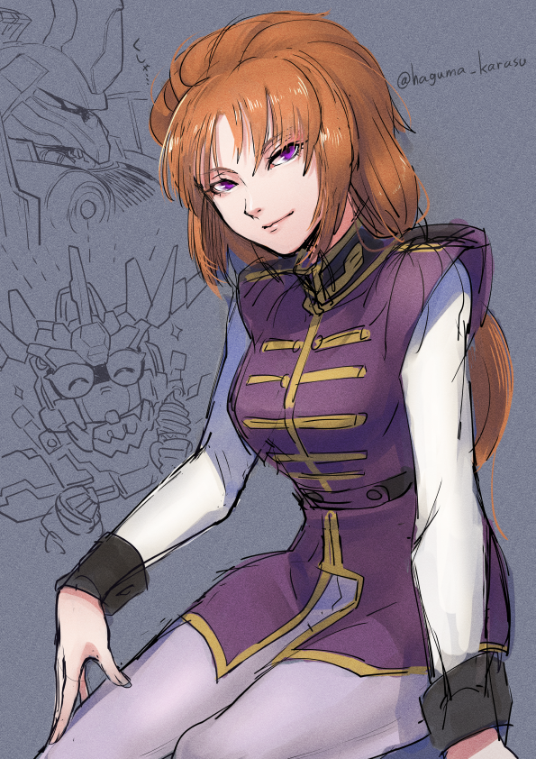 1girl ^_^ artist_name belt black_belt breasts chibi chibi_inset clenched_hands closed_eyes grey_background gundam gundam_unicorn haguma_karasu hand_on_own_thigh head_tilt jacket kinako_(karasu_nomaru) kshatriya long_hair looking_at_viewer marida_cruz mecha medium_breasts military military_uniform mobile_suit one-eyed orange_hair pantyhose purple_eyes purple_jacket purple_pantyhose robot science_fiction sketch smile solo_focus unicorn_gundam_banshee v-fin zeon