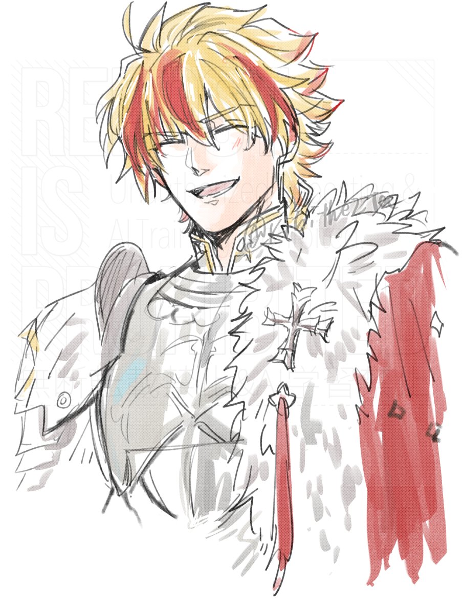 1boy armor blonde_hair cape closed_eyes fate/strange_fake fate_(series) fur-trimmed_cape fur_trim kibi laughing male_focus multicolored_hair open_mouth red_cape red_hair richard_i_(fate) royal_robe shoulder_armor solo streaked_hair two-tone_hair type-moon