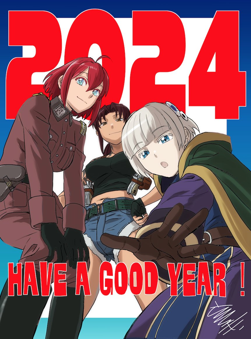 2024 341_sentoudan 3girls ahoge black_lagoon blue_eyes blunt_bangs breasts commentary_request denim denim_shorts english_text ermina_shaumaher happy_new_year hiroe_rei looking_at_viewer medium_breasts meteora_osterreich multiple_girls navel new_year re:creators red_hair revy_(black_lagoon) shorts smile white_hair