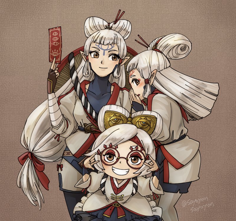 3girls ajirogasa blush bow brown_eyes closed_mouth commentary_request double_m/ eye_symbol facial_mark fingerless_gloves forehead_mark glasses gloves grandmother_and_granddaughter hair_bow hair_ornament hair_stick hands_on_own_face hat hat_on_back height_difference holding hyrule_warriors:_age_of_calamity impa japanese_clothes long_hair looking_at_viewer low-tied_long_hair m/ multiple_girls nintendo ofuda open_mouth paya_(zelda) pointy_ears purah purah_(young) red_bow sayoyonsayoyo sheikah short_hair siblings sisters smile teeth the_legend_of_zelda the_legend_of_zelda:_breath_of_the_wild time_paradox twitter_username unworn_hat unworn_headwear very_long_hair white_hair