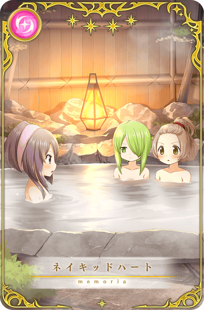 3girls aika_himena artist_request azumi_hagumu bangs_pinned_back brown_eyes brown_hair card_(medium) closed_mouth collarbone dot_nose expressionless fence forehead game_cg grass green_hair hair_over_one_eye hairband high_ponytail jitome lantern light_blush magia_record:_mahou_shoujo_madoka_magica_gaiden mahou_shoujo_madoka_magica miyabi_shigure multiple_girls official_art onsen outdoors parted_lips partially_submerged picture_frame pink_hairband ponytail purple_eyes ripples rock shared_bathing short_hair short_ponytail star_(symbol) steam tareme topless_female translated updo upper_body