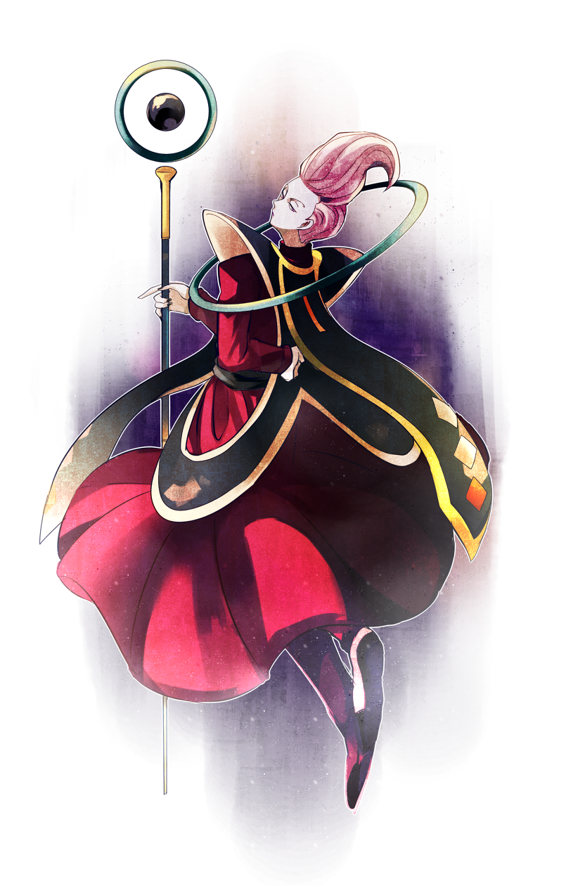 1boy ancient_egyptian_clothes arms_behind_back dragon_ball flying highres looking_back male_focus neko_ni_chikyuu purple_background simple_background solo staff whis white_background white_hair