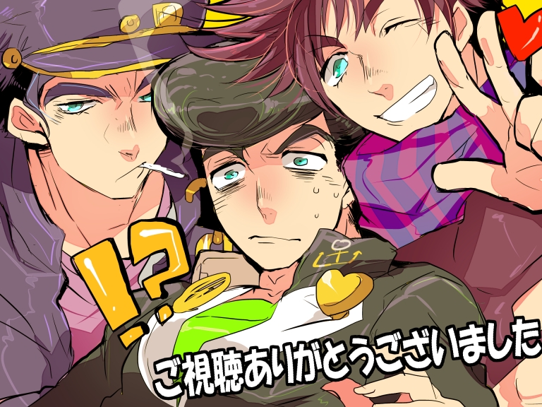 !? 3boys bakanoise black_hair cigarette gakuran green_eyes hat higashikata_josuke jojo_no_kimyou_na_bouken joseph_joestar joseph_joestar_(young) kuujou_joutarou male_focus multiple_boys one_eye_closed pompadour purple_hair sadahara_inako scarf school_uniform time_paradox v wink