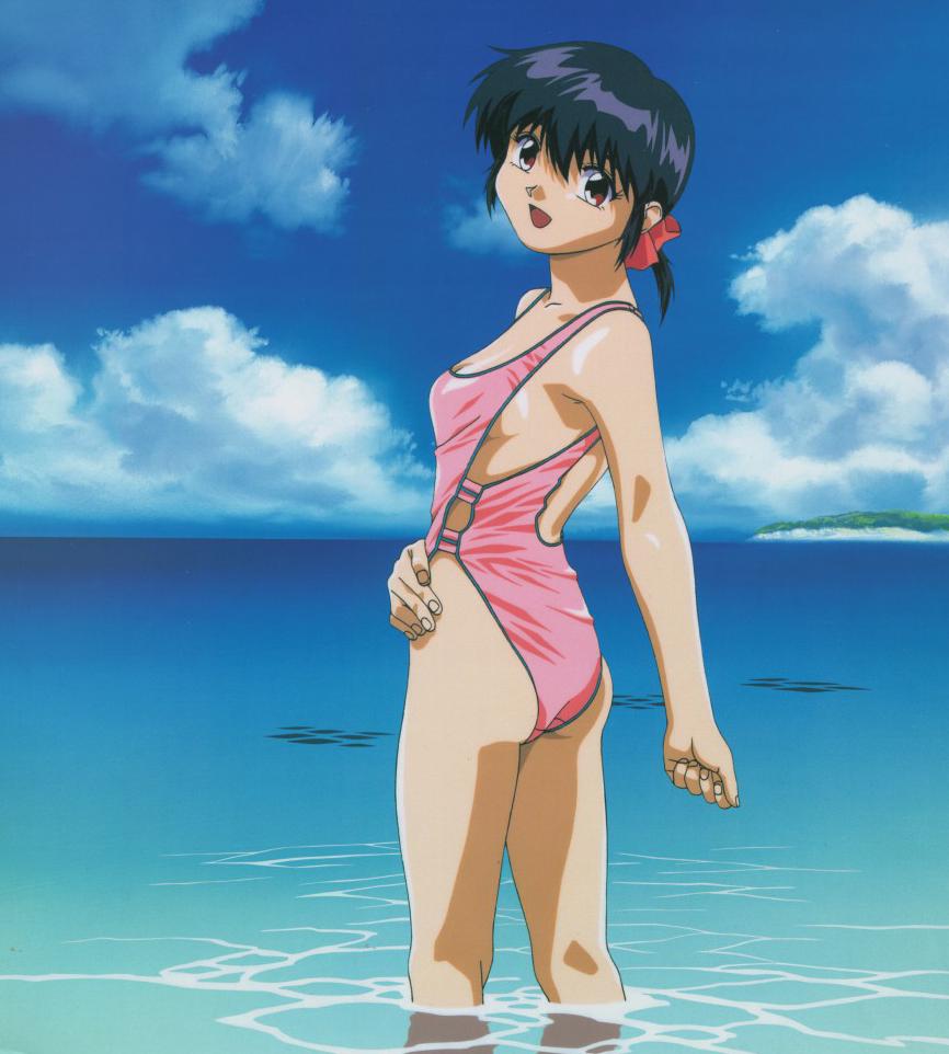 1girl 3x3_eyes black_hair female_focus looking_at_viewer ocean open_mouth outdoors parvati red_eyes ribbon short_hair smile solo swimsuit