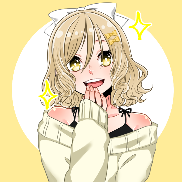 1girl alphabet alphabet_lore blonde_hair bow flurrysnowgirl harrymations humanization looking_at_viewer picrew russian_alpahbet_lore smile white_bow yellow_and_white_background yellow_eyes