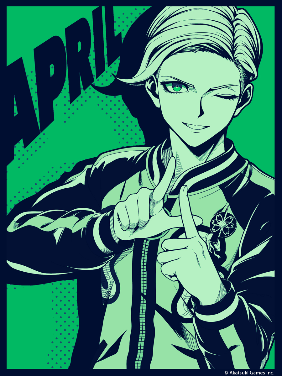 1boy ;d april artist_request blue_border border commentary company_name drop_shadow english_commentary finger_counting green_background green_eyes green_theme grin highres index_finger_raised jacket long_sleeves looking_at_viewer male_focus monochrome multicolored_jacket official_art one_eye_closed open_mouth parted_hair second-party_source short_hair smile solo sukajan swept_bangs takinogawa_jio tribe_nine two-tone_jacket upper_body zipper