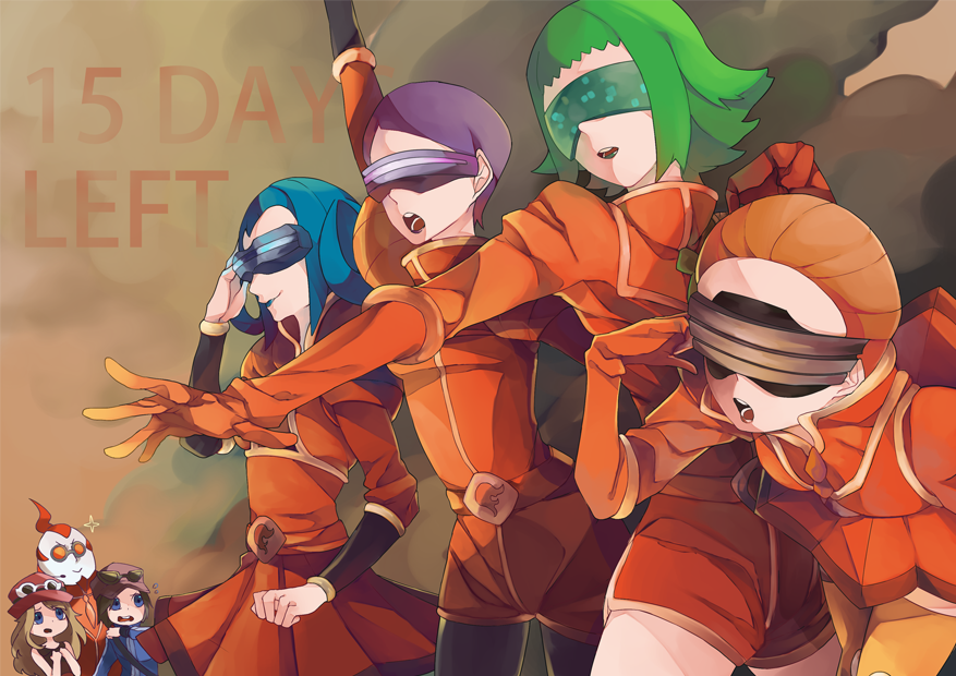 10s 2boys 5girls aliana_(pokemon) armor baseball_cap belt belt_buckle black_hair black_legwear blue_eyes blue_hair blue_lips brown_hair brown_lips bryony_(pokemon) buckle calem_(pokemon) celosia_(pokemon) dress english_text eyewear_on_head facial_hair flipped_hair flying_sweatdrops glasses gloves glowing green_hair green_lips hair_rings hand_on_head hat head-mounted_display headset lipstick long_hair long_sleeves looking_afar mable_(pokemon) makeup miniskirt multiple_boys multiple_girls necktie nintendo open_mouth outstretched_arm pantyhose parted_lips pauldrons pleated_dress pokemon pokemon_(anime) pokemon_xy purple_hair purple_lips red_gloves red_hair serena_(pokemon) short_dress short_hair shorts shoulder_armor simple_background skirt sparkle standing sunglasses team_flare thigh_gap thighhighs vambraces visor xerosic_(pokemon)