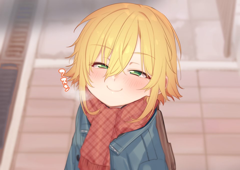 1boy backpack bag blue_jacket blurry blurry_background blush breath cr-r green_eyes hair_between_eyes jacket male_focus nijisanji red_scarf scarf smile solo trap uzuki_kou virtual_youtuber