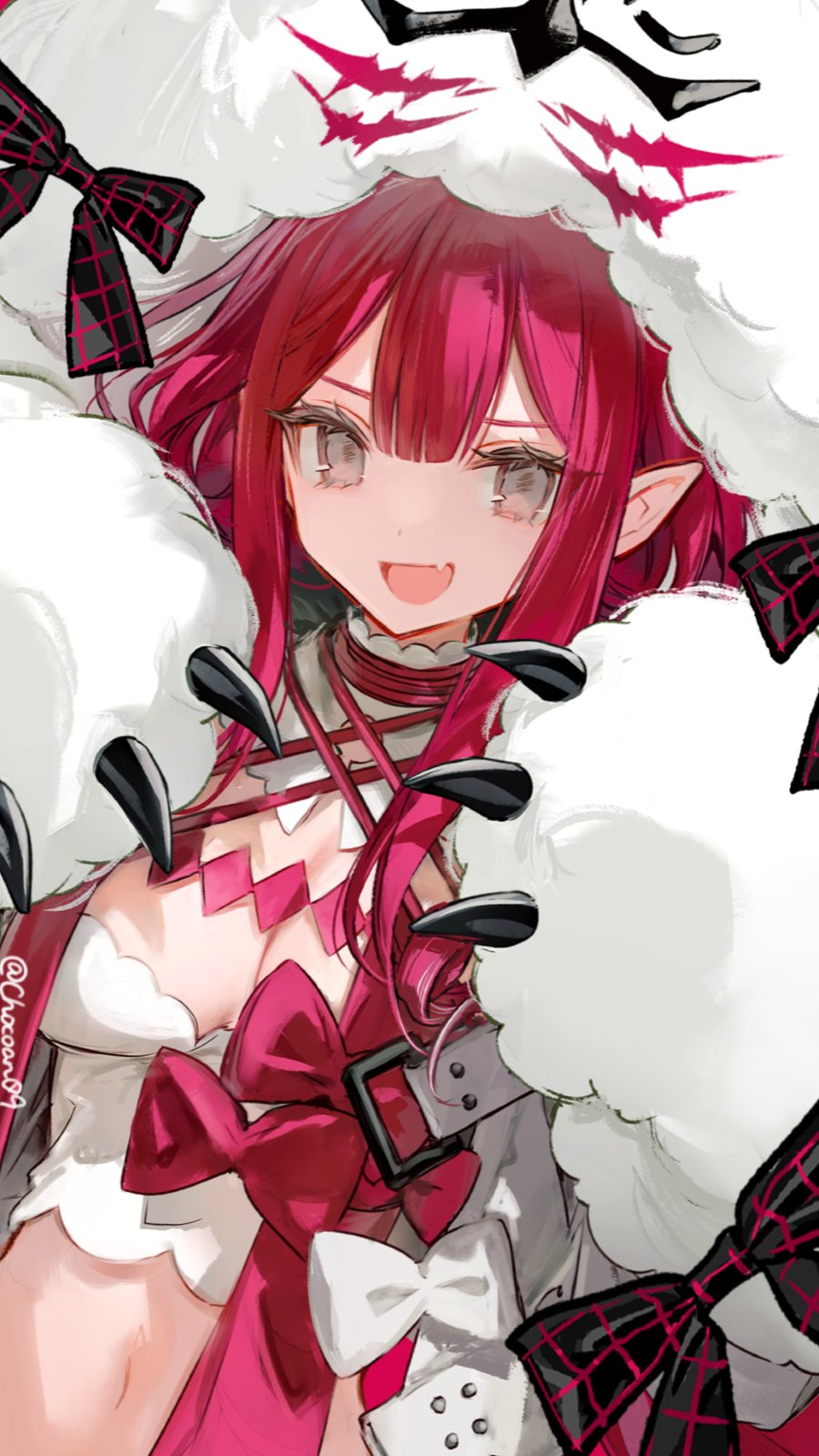 1girl baobhan_sith_(fate) baobhan_sith_(swimsuit_pretender)_(fate) baobhan_sith_(swimsuit_pretender)_(first_ascension)_(fate) blush breasts camisole cernunnos_(fate) character_hood chocoan cleavage detached_collar fate/grand_order fate_(series) grey_eyes highres jacket large_breasts long_hair long_sleeves looking_at_viewer navel open_clothes open_jacket open_mouth pink_hair pointy_ears sidelocks smile solo white_camisole white_jacket