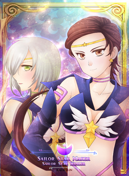 1990s_(style) 2girls bishoujo_senshi_sailor_moon bishoujo_senshi_sailor_moon_sailor_stars bishoujo_senshi_sailor_moon_stars brooch brown_eyes brown_hair character_name choker cowboy_shot earrings fch2009 green_eyes jewelry long_hair looking_at_viewer magical_girl multiple_girls retro_artstyle sailor_collar sailor_senshi sailor_star_healer sailor_star_maker smile star_(symbol) star_earrings taiki_kou white_hair yaten_kou