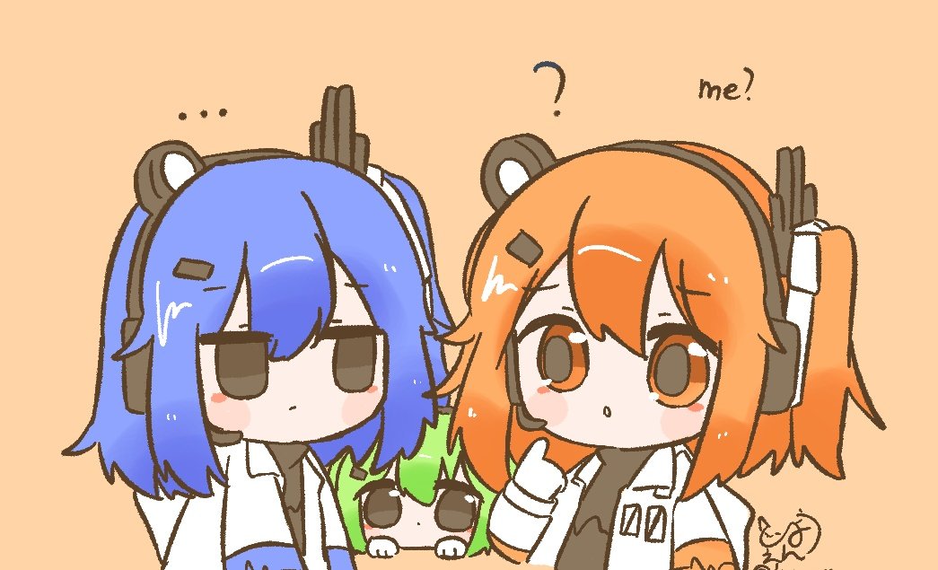 3girls ? a.i._voice adachi_rei alternate_color black_eyes black_shirt blue_hair chaun_meguri chibi chibi_only dual_persona green_hair hair_ribbon hand_up headlamp headset hyouenn jacket long_sleeves looking_at_another medium_hair multiple_girls one_side_up open_clothes open_jacket orange_eyes orange_hair original parted_lips pointing pointing_at_self radio_antenna ribbon shirt signature simple_background upper_body utau white_jacket white_ribbon