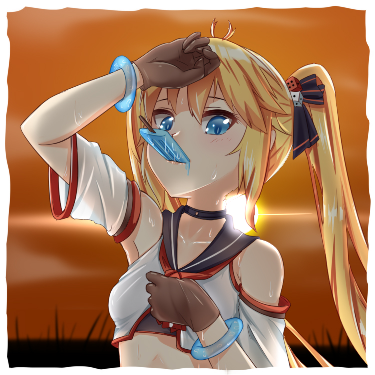 1girl andrea_doria_(warship_girls_r) black_bow blonde_hair bow bracelet brown_gloves choker collarbone crop_top detached_sleeves dice_hair_ornament female_focus food glint gloves hair_bow hair_ornament hand_to_forehead hot jewelry lips long_hair looking_at_viewer melting neckerchief orange_sky popsicle portrait sailor_collar short_sleeves sky solo sun sweat tsurime twintails upper_body warship_girls_r xia_zhi_chong_yin_xu_ruo_dan_qing