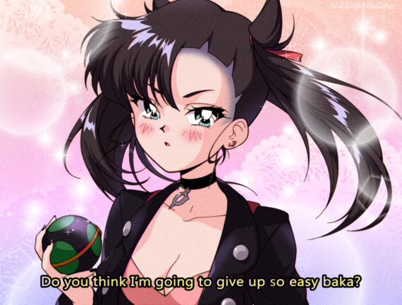 1990s_(style) 1girl aqua_eyes black_hair black_jacket blush breasts choker cleavage commentary dusk_ball earrings english_text holding holding_poke_ball jacket jewelry looking_at_viewer marnie_(pokemon) nail_polish nest_ball nintendo open_mouth poke_ball pokemon pokemon_swsh retro_artstyle skylove21 subtitled tsundere