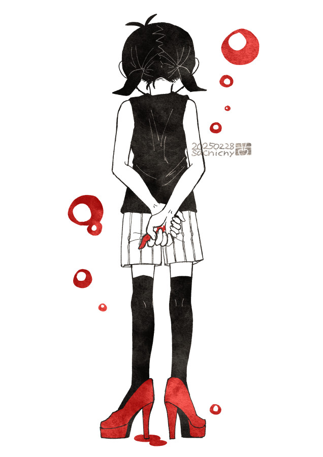 1girl aizawa_sachi antenna_hair black_hair black_tank_top black_thighhighs dated from_behind genderswap genderswap_(mtf) high_heels low_twintails omori omori_(omori) red_shoes shoes short_hair short_twintails shorts simple_background solo striped_clothes striped_shorts tank_top thighhighs twintails vertical-striped_clothes vertical-striped_shorts white_background white_shorts