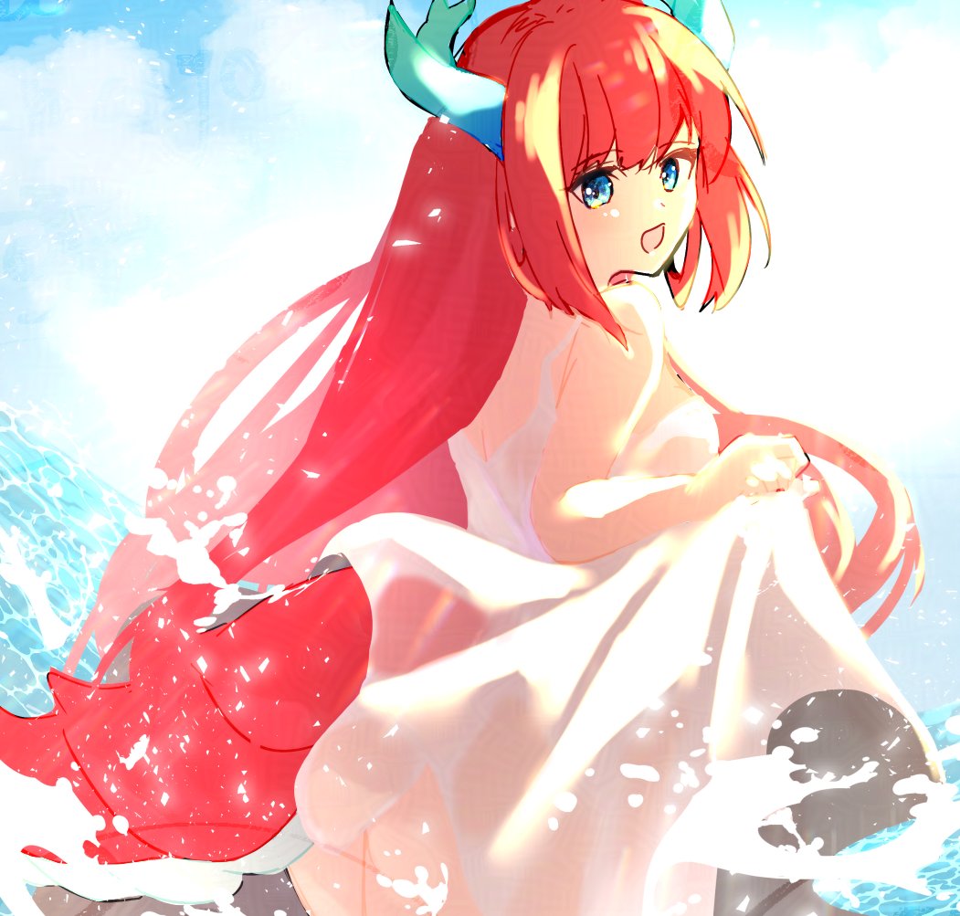 1girl alternate_costume az_(colorb05) blue_eyes blue_horns cowboy_shot dragon_girl dragon_horns dragon_tail dress duel_monster from_behind horns kitchen_dragonmaid looking_at_viewer looking_back outdoors red_tail see-through_clothes see-through_dress solo tail water white_dress yu-gi-oh!