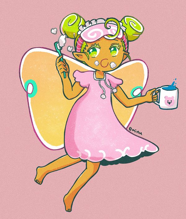 1girl alternate_costume cookie_run eminu fairy_cookie fairy_cookie_(brushy_brushy_toothbrush) green_eyes humanization pajamas personification pointy_ears solo toothbrush wings