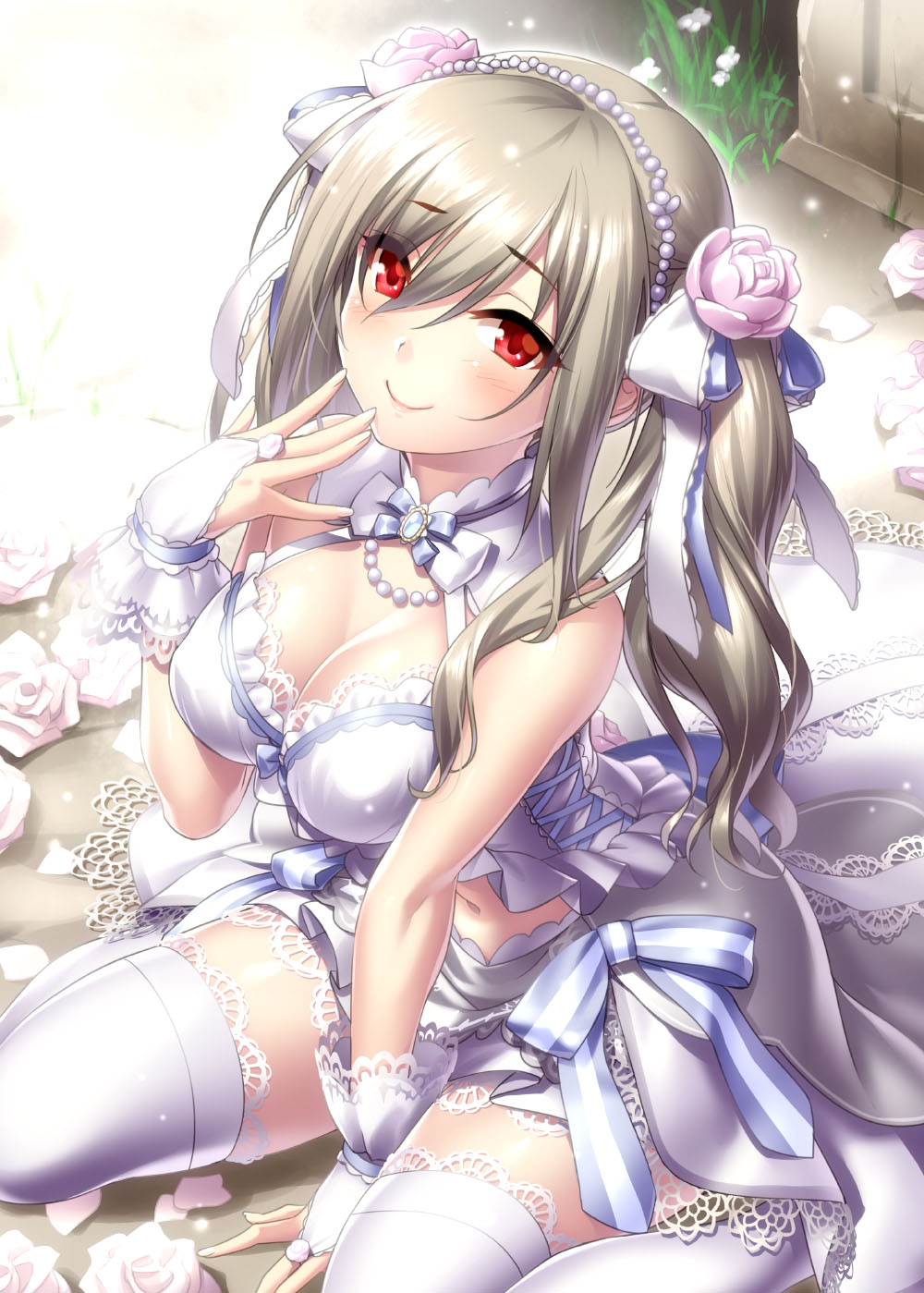 1girl babydoll bare_shoulders blush breasts bridal_gauntlets brooch cleavage closed_mouth female_focus flower hair_between_eyes hair_flower hair_ornament hair_ribbon highres idolmaster idolmaster_cinderella_girls idolmaster_cinderella_girls_starlight_stage jewelry kanzaki_ranko lace lace-trimmed_legwear lace-trimmed_panties lace_trim large_breasts long_hair looking_at_viewer navel necklace panties pearl_necklace petals red_eyes ribbon rose sidelocks silver_hair sitting smile solo thighhighs thighs twintails underwear wariza white_flower white_ribbon white_rose white_thighhighs zen