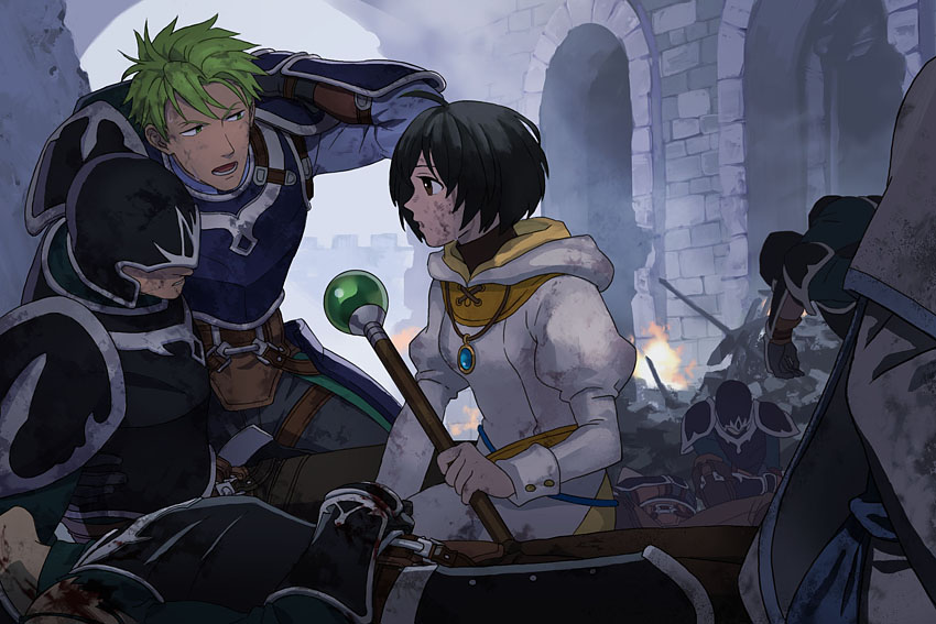 1girl 5boys after_battle aran_(fire_emblem) armor black_hair blood brown_eyes burning dirty dirty_clothes dirty_face donta30303 dress fire fire_emblem fire_emblem:_radiant_dawn green_eyes green_hair helmet holding holding_staff injury jewelry laura_(fire_emblem) multiple_boys necklace nintendo short_hair staff white_dress wrench