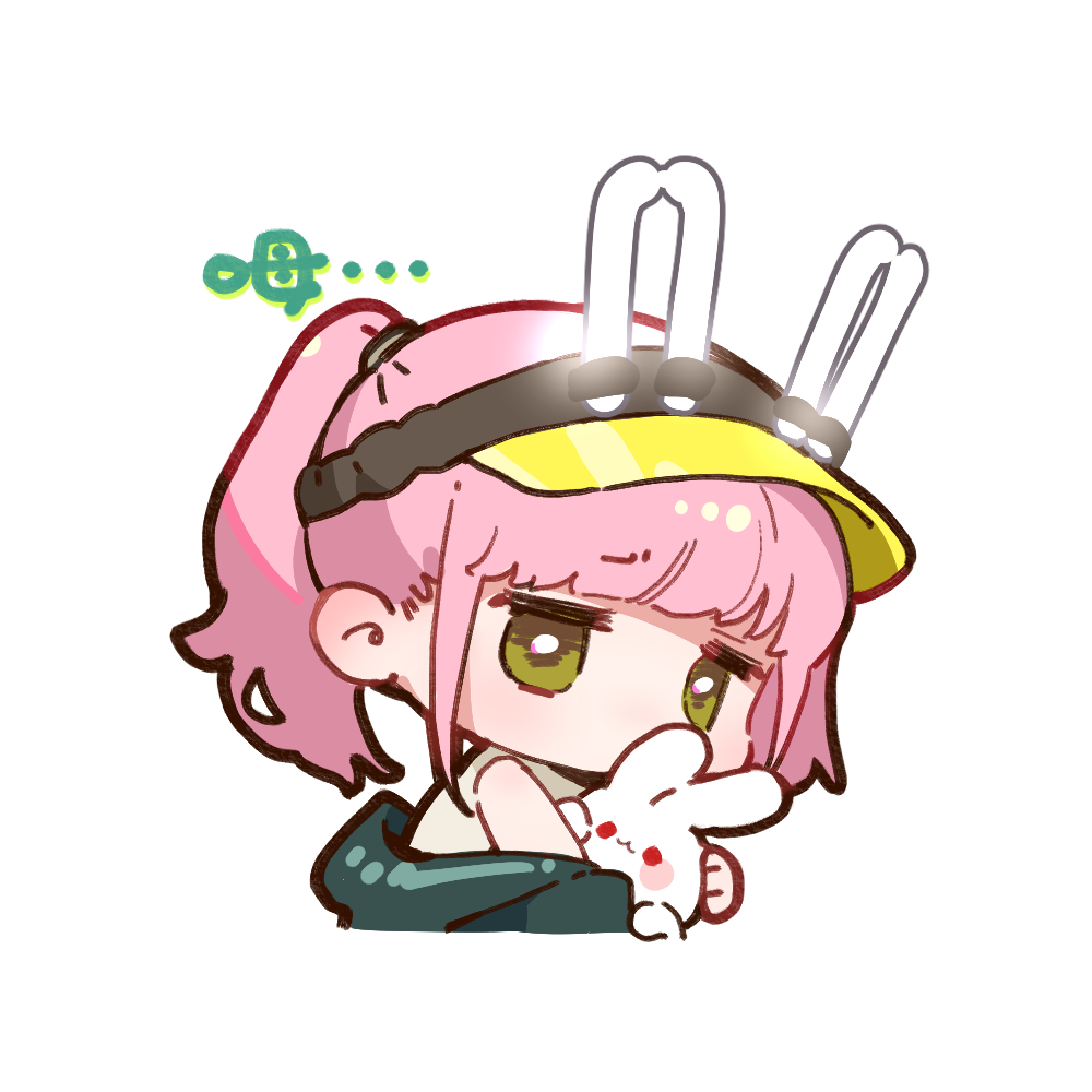 1girl animal artist_request chibi chibi_only chinese_commentary chinese_text girls&#039;_frontline girls&#039;_frontline_neural_cloud glowstick green_eyes holding holding_animal holding_rabbit jacket no_mouth off_shoulder official_art pink_hair rabbit second-party_source solo taisch_(neural_cloud) visor_cap