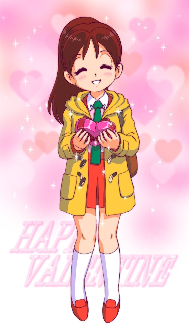 backpack bag blush box box_of_chocolates brown_hair child chocolate coat genji_tsuushin_agedama happy_valentine heart heart-shaped_box heike_ibuki highres necktie ponytail skirt smile