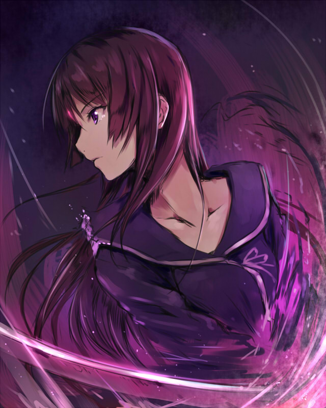 1girl akkijin black_hair black_shirt collarbone female_focus floating_hair ga-rei ga-rei_zero holding holding_sword holding_weapon isayama_yomi katana long_hair looking_away purple_eyes shirt solo sword tears upper_body weapon