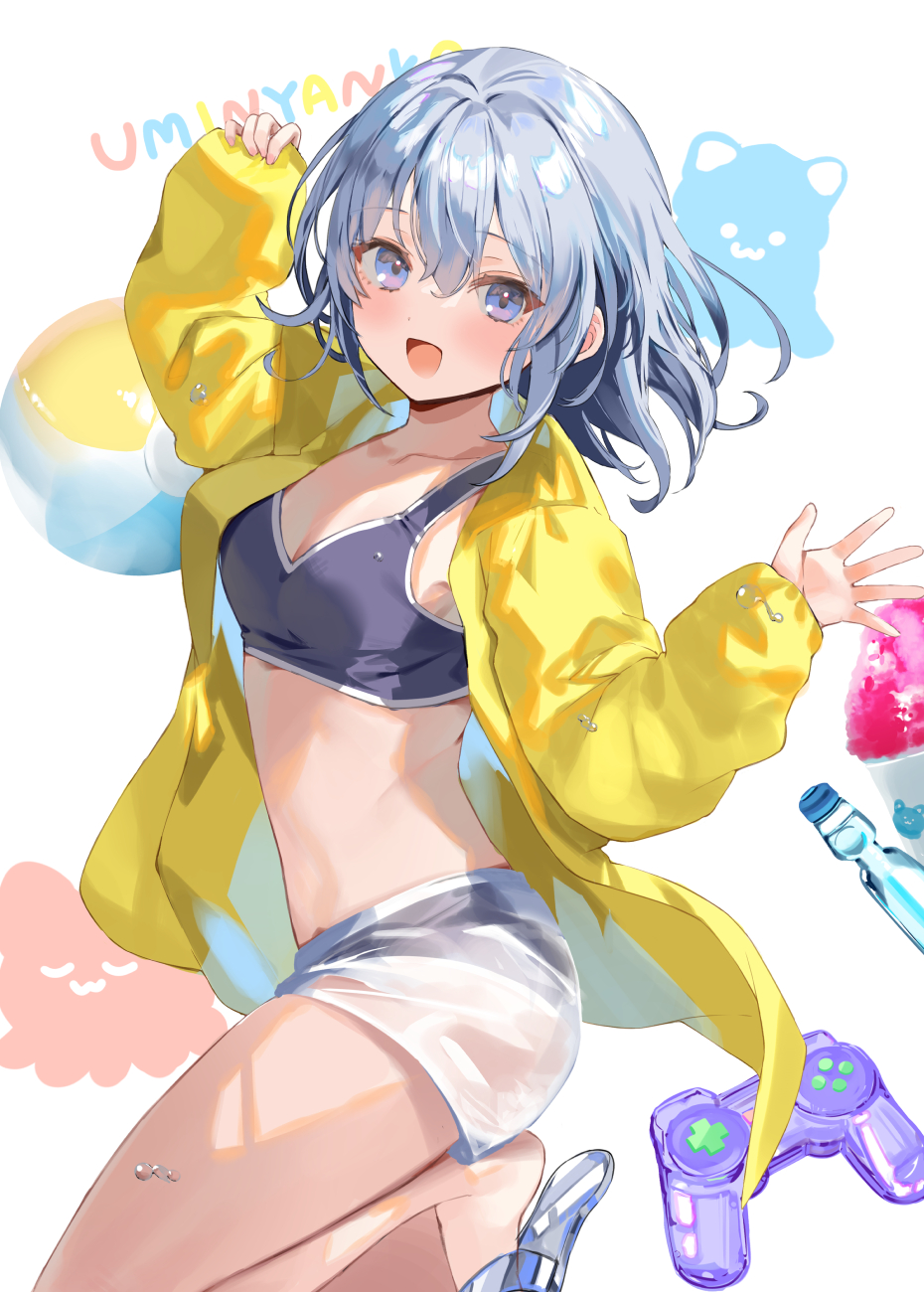 1girl :d arm_up ball beachball bikini blue_eyes blue_hair blush bottle breasts cleavage collarbone crop_top food from_side hair_between_eyes highres jacket kanda_done leg_up long_sleeves looking_at_viewer medium_breasts medium_hair midriff navel open_clothes open_jacket open_mouth original playstation_controller ramune sandals shaved_ice short_shorts shorts simple_background smile solo sports_bra standing standing_on_one_leg stomach swimsuit thighs water_bottle white_background white_shorts yellow_jacket