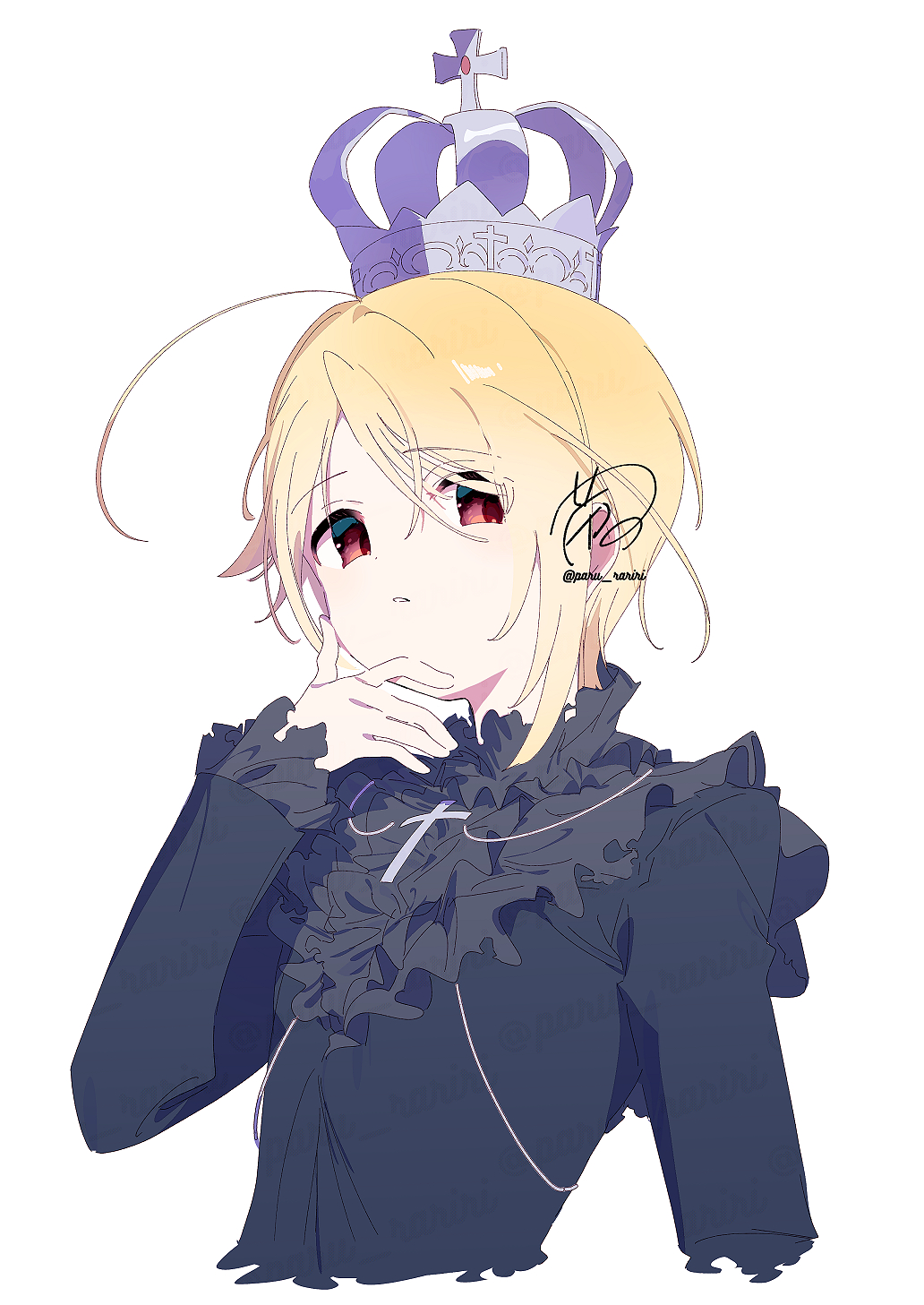 1boy ahoge alternate_universe black_shirt blonde_hair collared_shirt commentary_request cropped_torso cross cross_hat_ornament crown dark_persona frilled_shirt_collar frilled_sleeves frills hand_on_own_chin high_collar highres hotori_tadase long_sleeves looking_at_viewer magical_boy male_focus parted_bangs parted_lips paru_rari platinum_royale red_eyes shirt short_hair shugo_chara! signature silver_crown simple_background solo twitter_username white_background