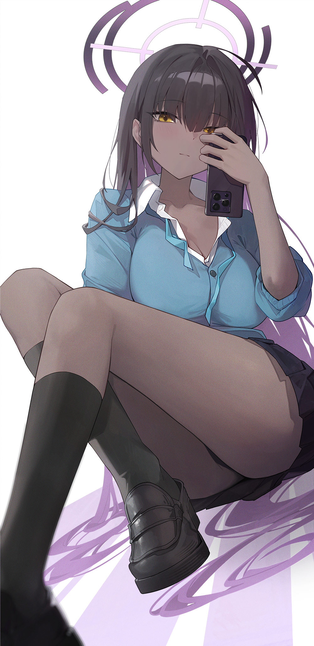 1girl ahoge aqua_cardigan black_hair black_shoes black_skirt black_socks blue_archive cardigan cellphone dark-skinned_female dark_skin halo highres holding holding_phone karin_(blue_archive) karin_(school_uniform)_(blue_archive) kneehighs knees_up loafers long_hair looking_at_viewer neck_ribbon official_alternate_costume open_collar phone purple_hair ribbon shirt shoes simple_background sitting skirt socks solo straight_hair sukaliya undone_neck_ribbon very_long_hair white_background white_shirt