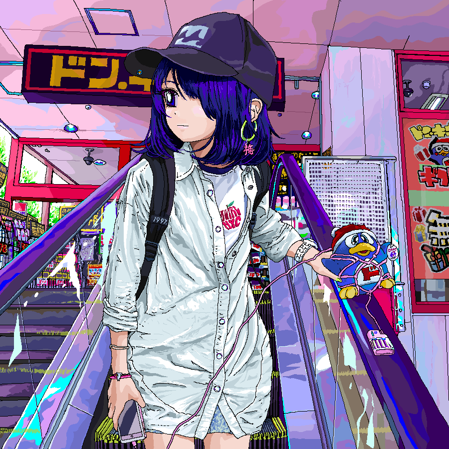 1girl ace_akira backpack bag baseball_cap bird blue_eyes blue_hair christmas commentary cowboy_shot doll don_quixote_(novel) earrings escalator female_focus flyer hair_over_one_eye hat indoors jacket japanese_text jewelry looking_afar mall medium_hair original penguin phone pixel_art security_camera shibari shirt shop shorts solo stuffed_toy watch white_jacket white_shirt wristwatch