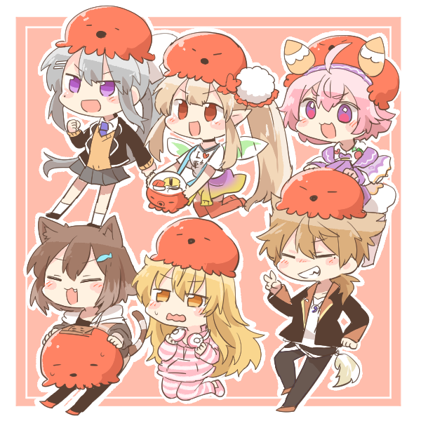 1boy 5girls ahoge animal_ears black_jacket black_pants black_pantyhose black_shoes blazer blonde_hair blush_stickers brown_eyes brown_hair brown_sweater cat_ears cat_girl cat_tail chibi clothes_around_waist collared_shirt dress elf elu_(1st_costume)_(nijisanji) elu_(nijisanji) fairy_wings fish_hair_ornament fumino_tamaki fumino_tamaki_(1st_costume) fushimi_gaku fushimi_gaku_(1st_costume) green_wings grey_hair grey_skirt hair_between_eyes hair_ornament higuchi_kaede higuchi_kaede_(1st_costume) hood hood_down hooded_jacket hoodie i_heart... ienaga_mugi ienaga_mugi_(1st_costume) jacket jewelry long_hair magatama magatama_necklace multiple_girls necklace necktie nijisanji open_clothes open_jacket open_mouth outline pants pantyhose pink_background pink_hair pink_slippers pleated_skirt pointy_ears ponytail purple_eyes purple_necktie rebecca_(keinelove) red_eyes red_thighhighs shirt shoes short_sleeves skirt slippers small_sweatdrop socks striped_clothes striped_hoodie striped_pants striped_tail sweat sweater tail thighhighs ushimi_ichigo ushimi_ichigo_(1st_costume) v-shaped_eyebrows very_long_hair virtual_youtuber wavy_mouth white_dress white_outline white_shirt white_socks wings