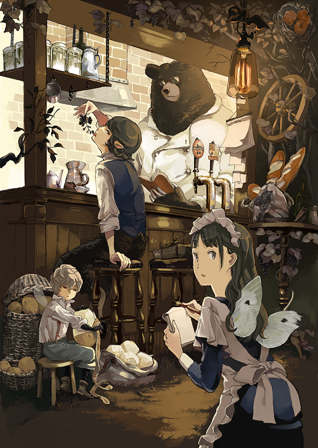 1girl 2boys animal apron baguette bar_(place) bar_stool basket bear black_hair blonde_hair book bottle bread brick_wall butterfly_wings chair chef clothed_animal counter cup eating emily&#039;s_privacy_party fairy_wings fantasy food from_behind fruit fur glasses grapes grass hooves insect_wings jacket kinono lamp light_bulb long_hair long_sleeves looking_at_viewer looking_back maid maid_apron maid_headdress monster_boy multiple_boys notepad open_book original pants peeling pitcher_(container) pointy_ears pot potato reading sack satyr sitting sleeves_pushed_up stool suspenders table tail teapot tree vest wheel white_background white_jacket wings