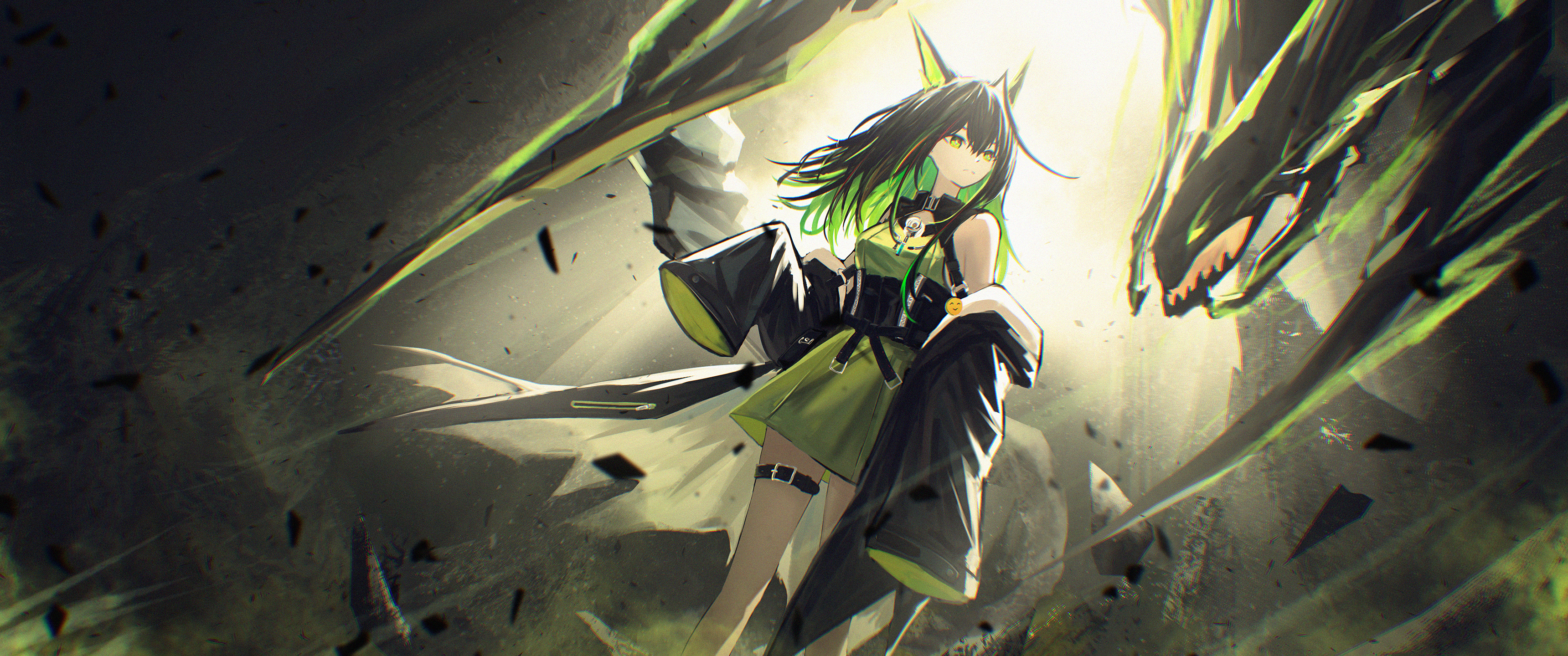 1girl absurdres animal_ears arknights bare_shoulders belt black_hair black_jacket colored_inner_hair creature_and_personification de4d_fish dress green_dress green_eyes green_hair highres jacket jacket_partially_removed long_hair mon3tr_(arknights) mon3tr_(summon)_(arknights) multicolored_hair open_clothes open_jacket personification sleeveless sleeveless_dress sleeves_past_wrists thigh_belt thigh_strap