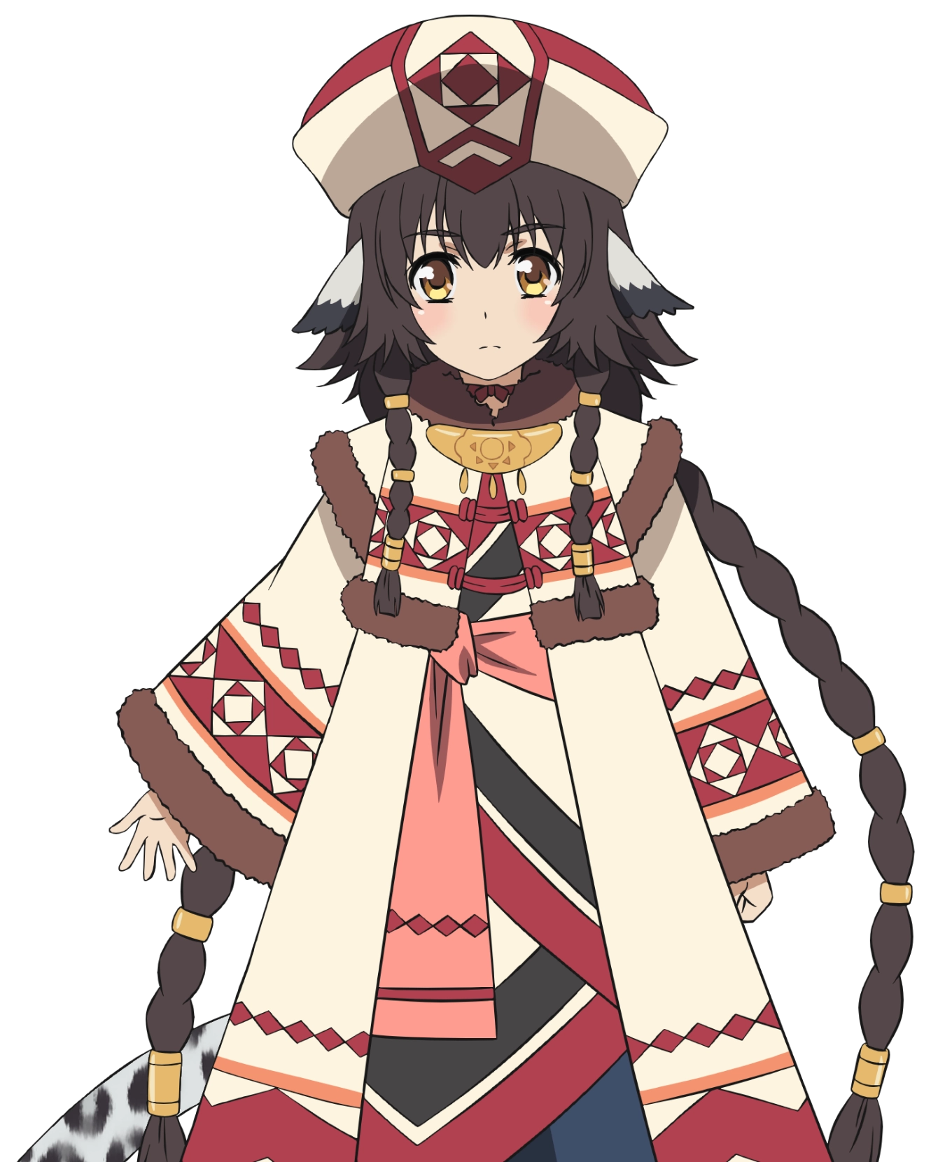 1girl absurdly_long_hair ainu_clothes animal_ears anju_(utawarerumono) aquaplus blush braid breasts brown_hair choker closed_mouth coat cowboy_shot gradient_eyes hair_between_eyes hair_ornament hat highres jewelry long_hair long_sleeves looking_at_viewer multicolored_eyes nakata_masahiko necklace official_art orange_eyes raised_eyebrows sidelocks small_breasts solo standing tail transparent_background utawarerumono utawarerumono:_futari_no_hakuoro utawarerumono:_itsuwari_no_kamen very_long_hair white_fox_(company) wide_sleeves