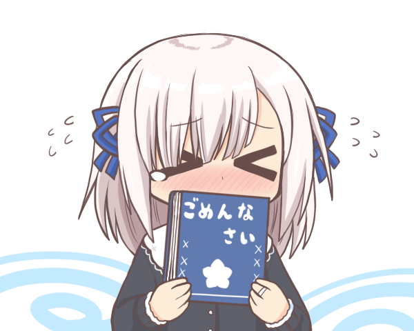 &gt;_&lt; 1girl bad_id bad_pixiv_id black_cardigan blue_ribbon blush book cardigan casual closed_eyes commentary_request covering_own_mouth flying_sweatdrops grey_hair hair_over_one_eye hair_ribbon hands_up holding holding_book isuzu_ren isuzu_ren_(casual_costume) long_sleeves magia_record:_mahou_shoujo_madoka_magica_gaiden mahou_shoujo_madoka_magica official_alternate_costume reverse_(bluefencer) ribbon short_hair solo tears translation_request upper_body white_background