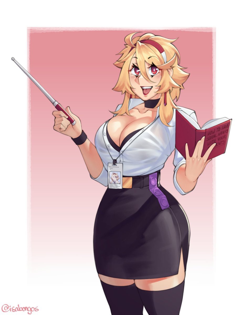 1girl blonde_hair blush book breasts cleavage condom condom_packet_strip condom_wrapper hair_between_eyes highres holding holding_book holding_pointer id_card isabelle_(buskhusker) isabongos large_breasts multiple_condoms open_book open_mouth original pointer red_eyes short_hair teacher thighhighs