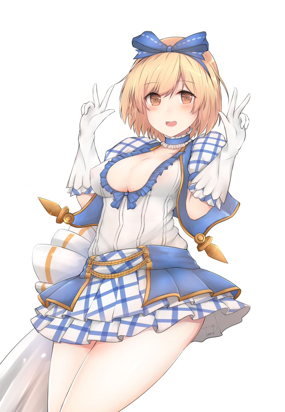 10s 1girl bad_id bad_pixiv_id blonde_hair blue_ribbon blush breasts brown_eyes checkered_clothes checkered_skirt cleavage collar djeeta_(granblue_fantasy) double_v female_focus frilled_collar frills gloves granblue_fantasy hair_ribbon hands_up highres kimi_to_boku_no_mirai linez looking_at_viewer open_mouth plaid_clothes plaid_skirt pleated_skirt puffy_short_sleeves puffy_sleeves ribbon short_sleeves showgirl_skirt simple_background skirt solo superstar_(granblue_fantasy) v white_background white_gloves white_skirt