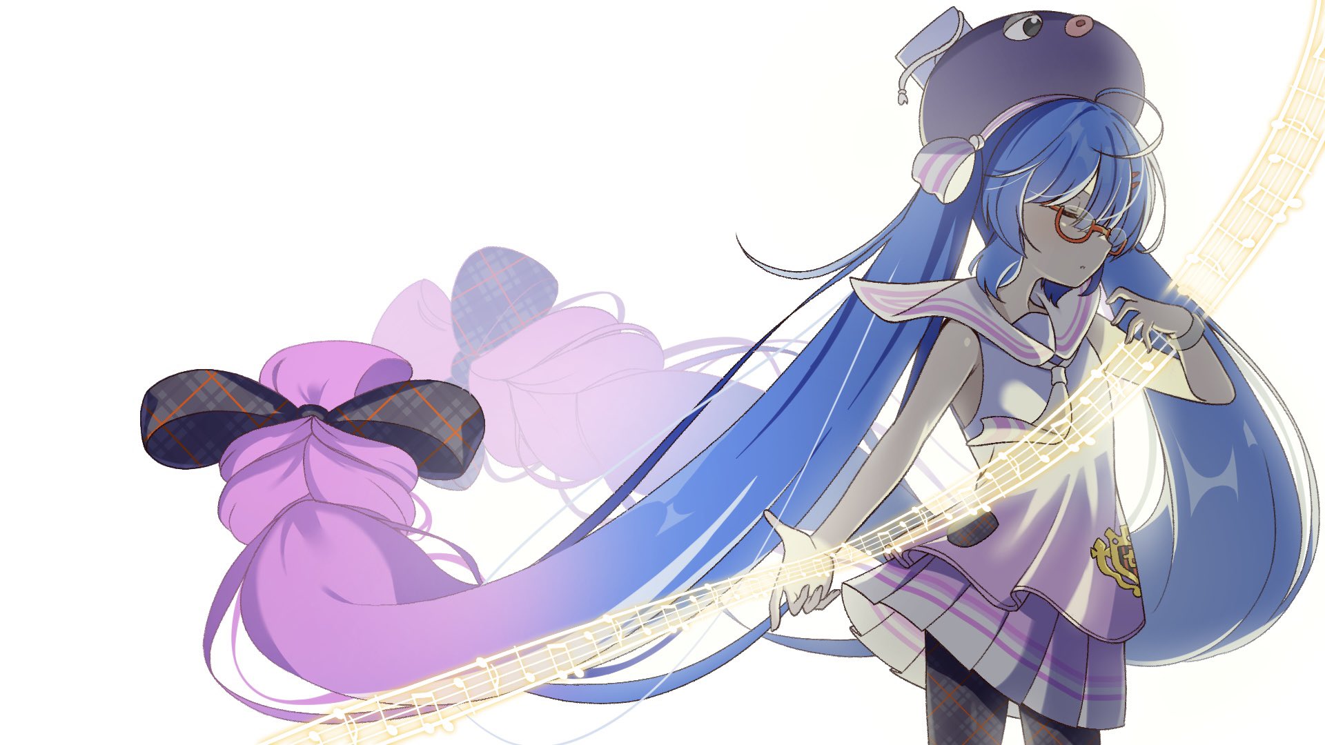 1girl absurdly_long_hair ahoge ascot backlighting beamed_eighth_notes blue_hair blue_shirt blunt_bangs bow chaakusu closed_eyes commentary_request cowboy_shot eel_hat eighth_note floating_clothes floating_hair glasses glowing_musical_note gradient_clothes gradient_hair gradient_shirt hair_bow hair_ornament hairclip hat hat_ribbon highres horizontal-striped_ribbon large_hat long_hair low-braided_long_hair low-tied_long_hair mortarboard multicolored_hair multicolored_skirt musical_note musical_staff otomachi_una otomachi_una_(talkex) pantyhose parted_lips pink_shirt pink_skirt plaid_bow plaid_clothes plaid_pantyhose pleated_skirt profile purple_hair purple_hat quarter_note red-framed_eyewear ribbon sailor_collar sailor_shirt semi-rimless_eyewear shirt simple_background skirt sleeveless sleeveless_shirt solo standing striped_ribbon talkex twintails under-rim_eyewear variant_set very_long_hair voiceroid watch white_ascot white_background white_ribbon white_sailor_collar wristwatch
