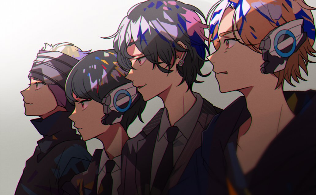 4boys android black_hair black_jacket blonde_hair blue_eyes brown_hair headphones hito01 hood hoodie horobi_(kamen_rider_01) humagear_headphones ikazuchi_(kamen_rider_01) jacket jin_(kamen_rider_01) kamen_rider kamen_rider_01_(series) long_sleeves multiple_boys naki_(kamen_rider_01) shirt