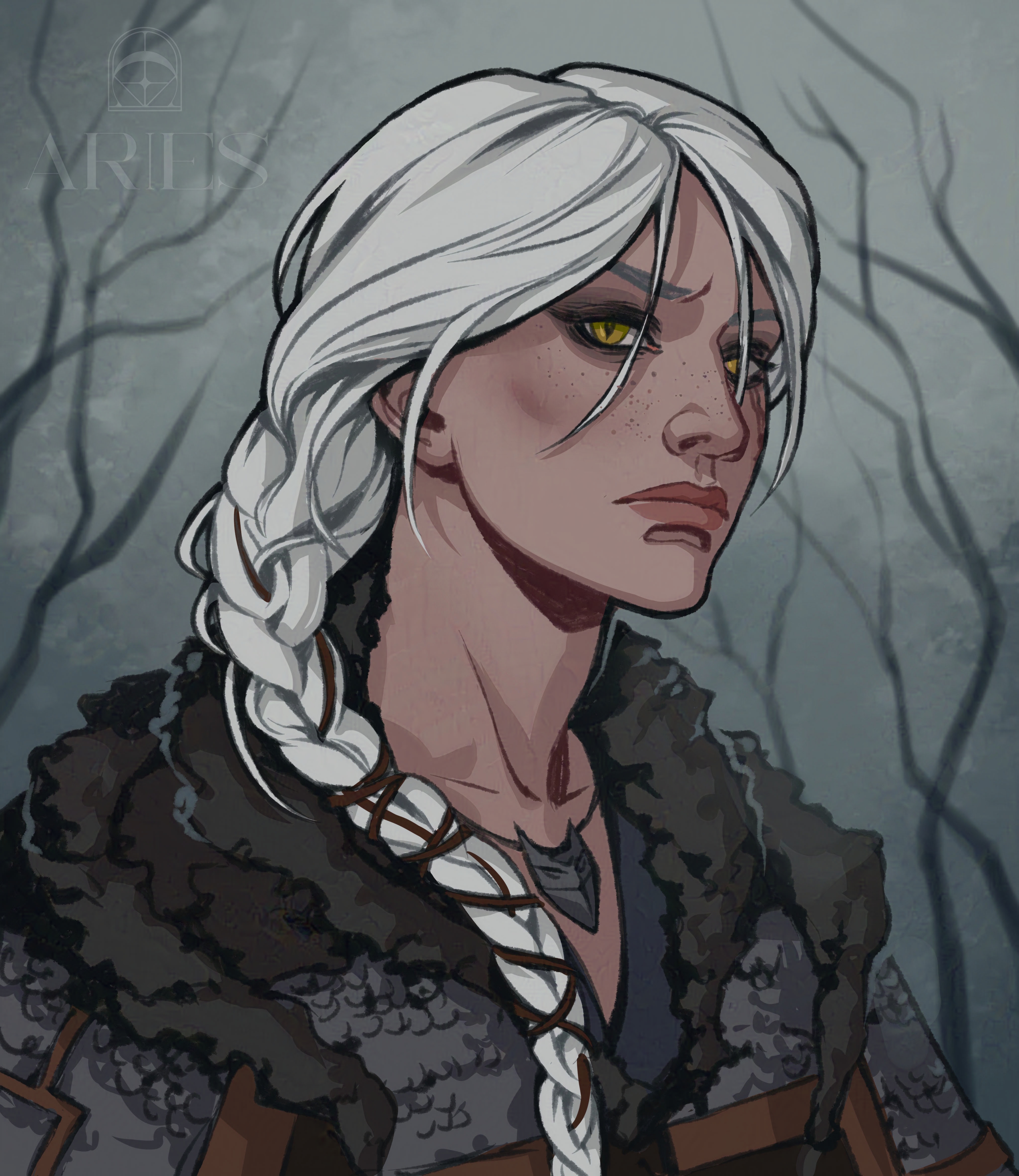 1girl absurdres adacta_aries bare_tree braid braided_ponytail ciri highres long_hair looking_at_viewer portrait solo the_witcher_(series) the_witcher_4 tree white_hair witcher_medallion yellow_eyes