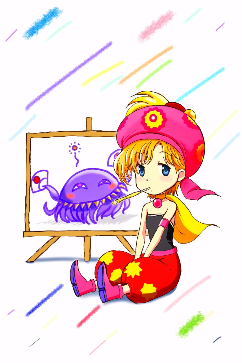 blonde_hair blue_eyes brushing_teeth child final_fantasy final_fantasy_vi hat highres ultros paintbrush relm_arrowny shoes square_enix toothbrush
