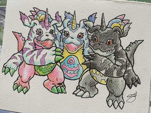 claws digimon digimon_(creature) gabumon gabumon_(black) horns looking_at_viewer psychemon sharp_teeth tail teeth traditional_media
