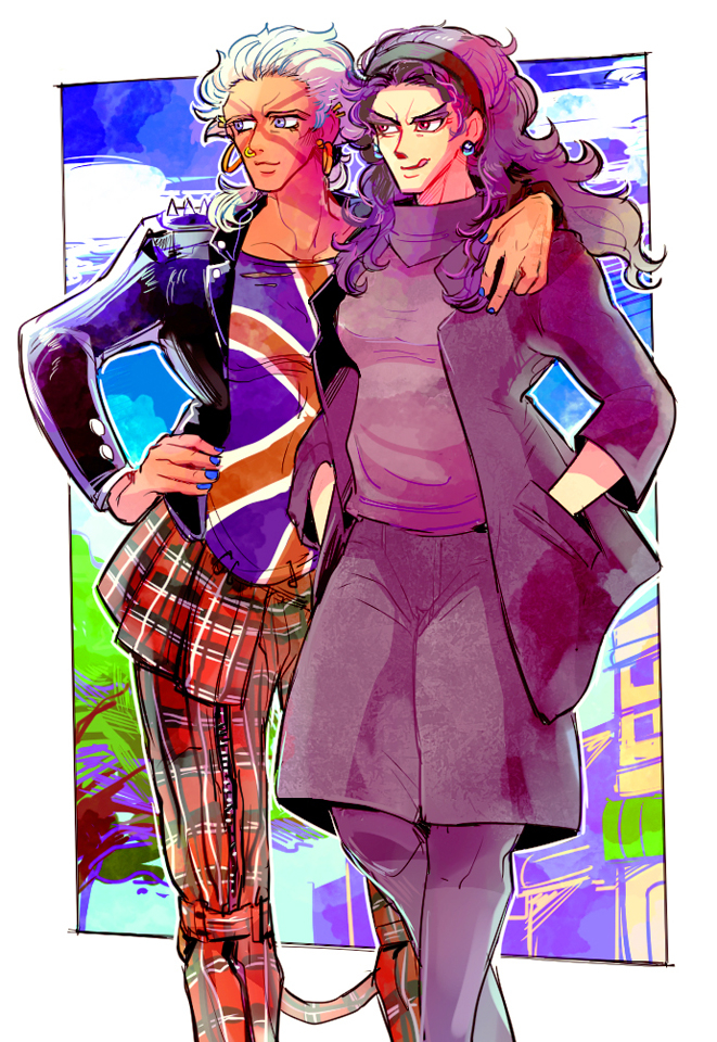 2girls bad_id bad_pixiv_id battle_tendency blue_eyes chocoblood contemporary earrings esidisi genderswap genderswap_(mtf) hairband hands_in_pockets hoop_earrings horns jewelry jojo_no_kimyou_na_bouken kars_(jojo) long_coat long_hair multiple_girls nose_piercing nose_ring pants pantyhose pantyhose_under_shorts piercing plaid_clothes plaid_pants purple_hair shorts union_jack wavy_hair white_hair